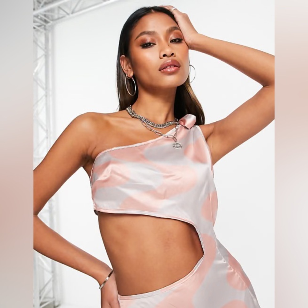 Public Desire One Shoulder Satin Midi Dress - Swirl Peach